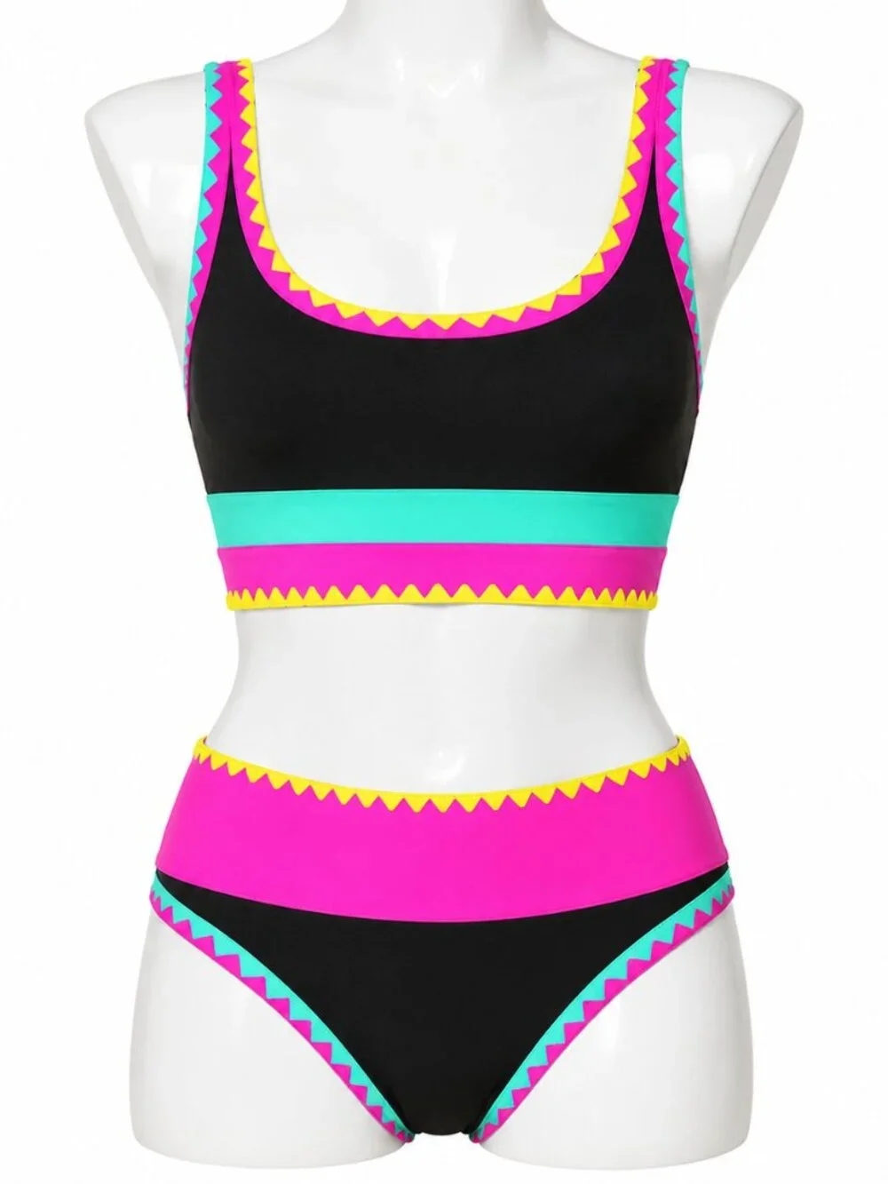 POPVIL Large Black Neon 3 Piece High Waisted Bikini with Skirt Tummy Control NWT